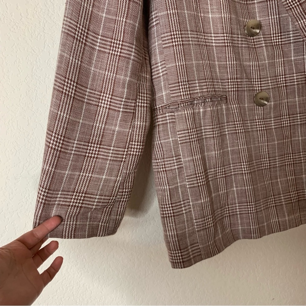 Maeve Anthropologie brown double-breasted linen blend plaid blazer 8 - Picture 4 of 10